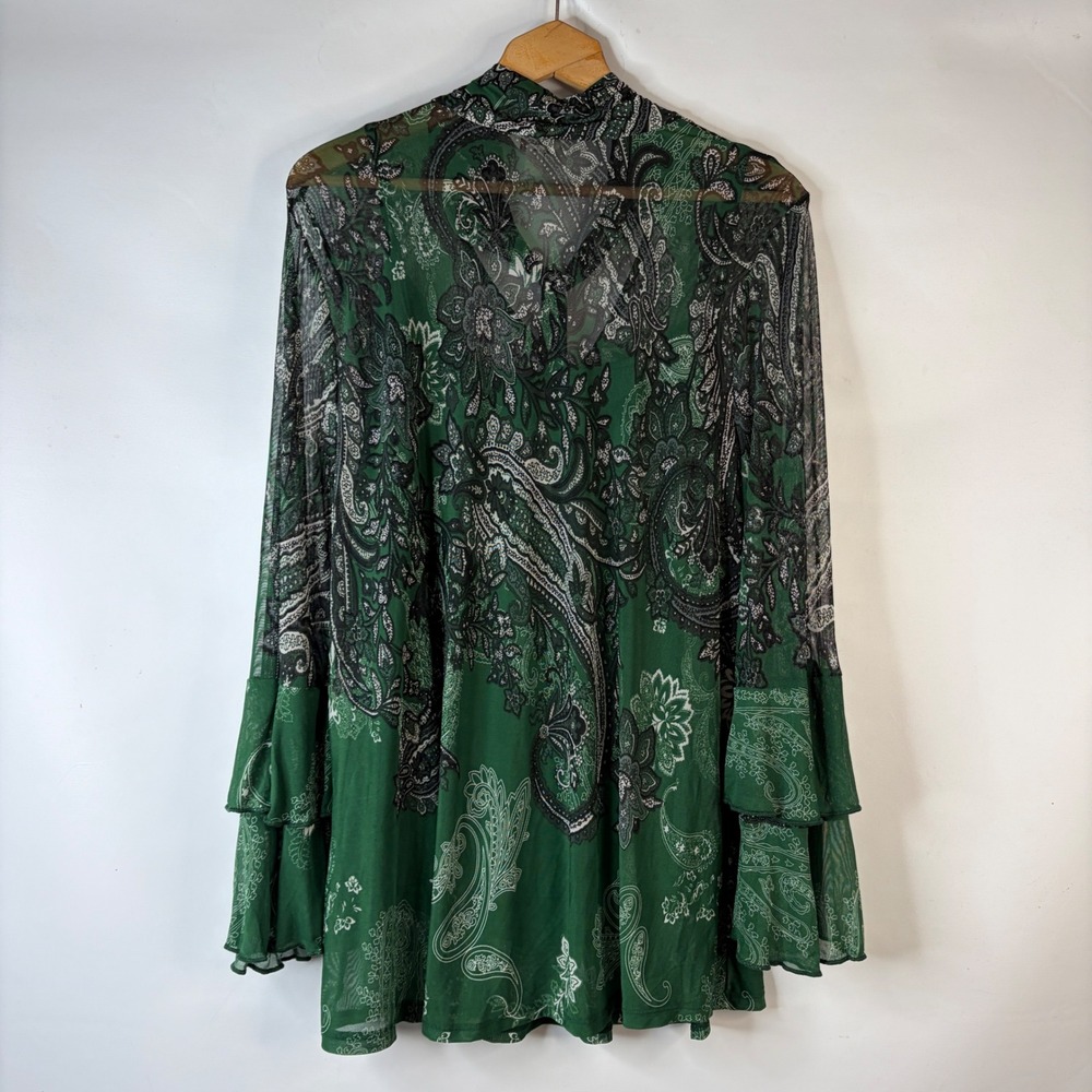 Cato Blouse Womens 18/20W Green Paisley Tie Neck Tiered Bell Sleeve Mesh Overlay - Picture 9 of 10